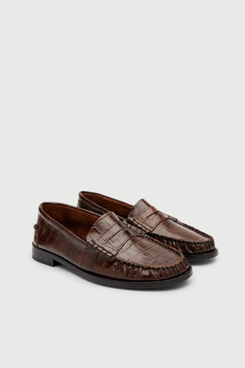 Zoe Loafers in Croc-effect Chocolate Leather - Image 3