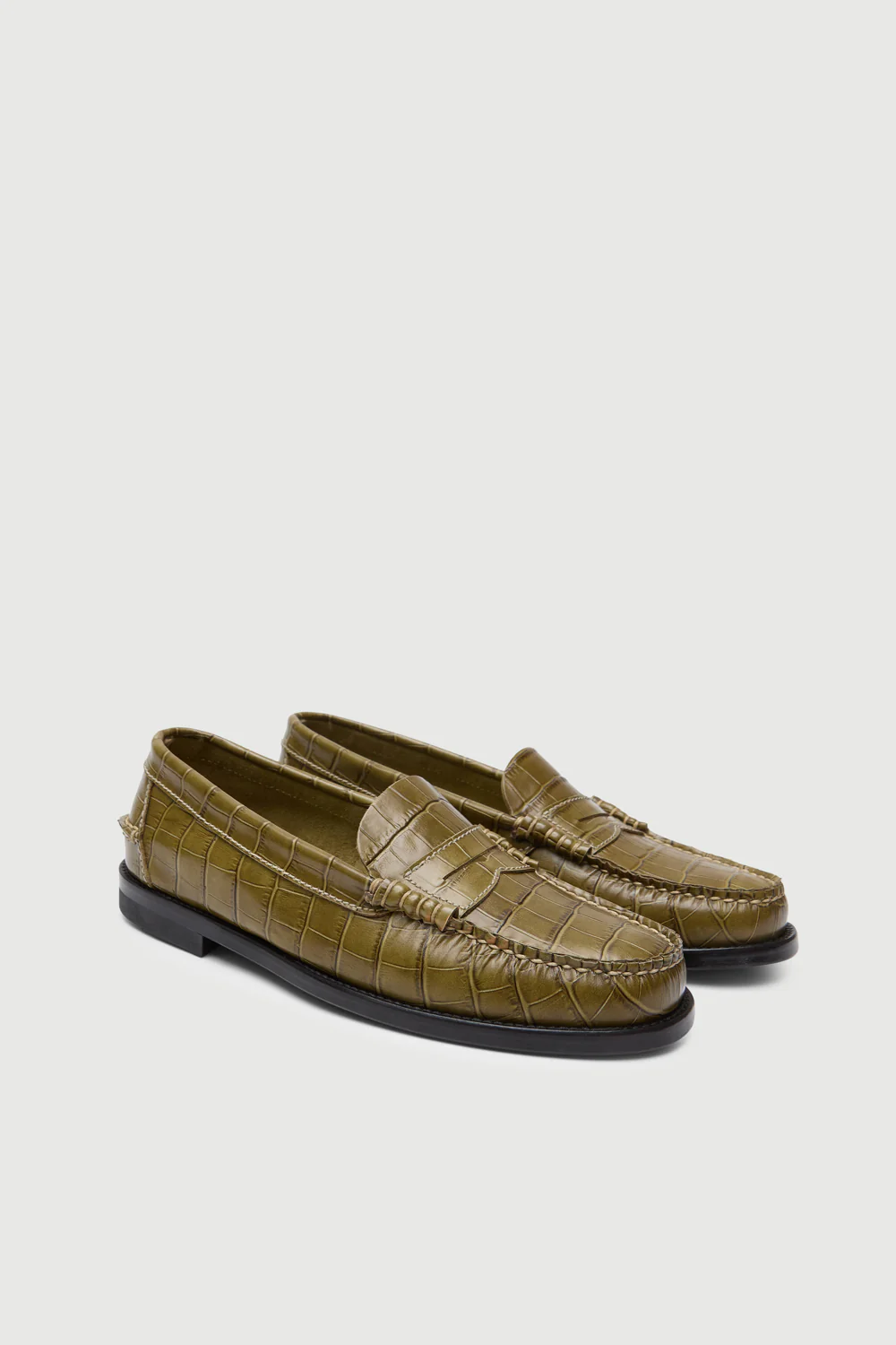 Zoe Loafers in Croc-effect Olive Green Leather - Image 3