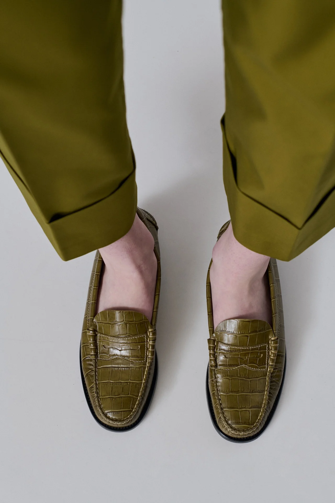 Zoe Loafers in Croc-effect Olive Green Leather - Image 6